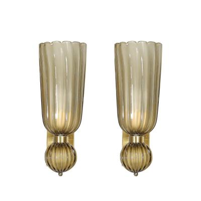 Pair of Modernist Hand Blown Murano Fluted Glass Sconces in Frosted Smoked Topaz