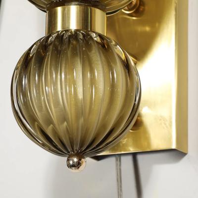 Pair of Modernist Hand Blown Murano Fluted Glass Sconces in Frosted Smoked Topaz
