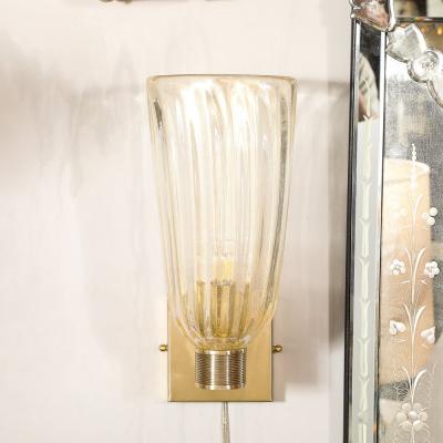 Pair of Modernist Hand Blown Murano Fluted Glass Sconces w 24kt Gold Flecks