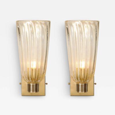 Pair of Modernist Hand Blown Murano Fluted Glass Sconces w 24kt Gold Flecks