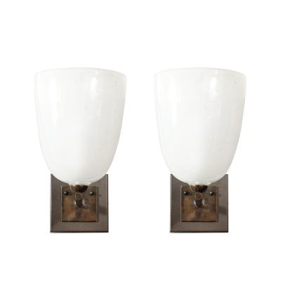 Pair of Modernist Hand Blown Murano Glass Pulegoso Sconces in Oil Rubbed Bronze