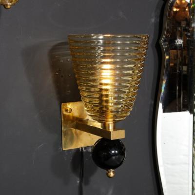 Pair of Modernist Hand Blown Murano Hive Glass Form Sconces w Jet Black Orbital