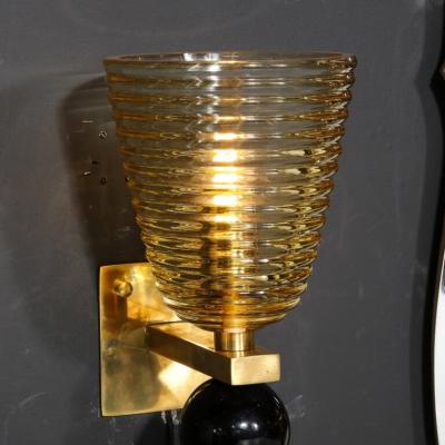 Pair of Modernist Hand Blown Murano Hive Glass Form Sconces w Jet Black Orbital