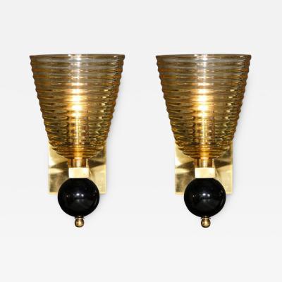 Pair of Modernist Hand Blown Murano Hive Glass Form Sconces w Jet Black Orbital