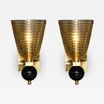 Pair of Modernist Hand Blown Murano Hive Glass Form Sconces w Jet Black Orbital