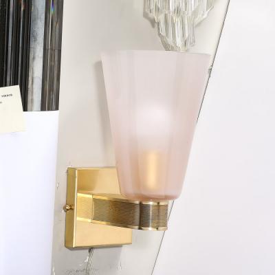 Pair of Modernist Hand Blown Murano Smoked Pink Glass w Reeded Brass Sconces