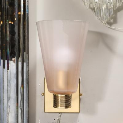 Pair of Modernist Hand Blown Murano Smoked Pink Glass w Reeded Brass Sconces