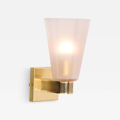 Pair of Modernist Hand Blown Murano Smoked Pink Glass w Reeded Brass Sconces