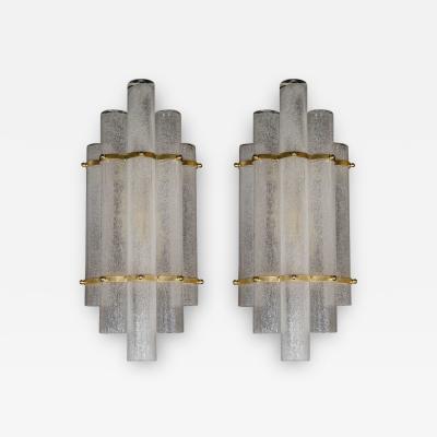 Pair of Modernist Handblown Murano Glass Pulegoso Sconces in Brushed Brass