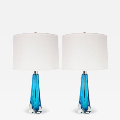 Pair of Modernist Handblown Murano Pale Sapphire Translucent Glass Table Lamps