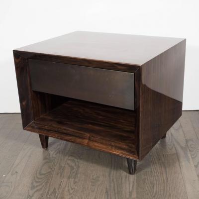 Pair of Modernist Macassar Nightstands End Tables with Bronze Paneled Drawers