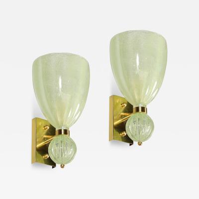 Pair of Modernist Pale Jade Hand blown Murano Glass Sconces W Brass Fitting
