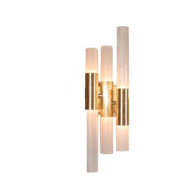 Pair of Modernist Pulegoso Sconces with Handblown Murano Shades Brushed Brass