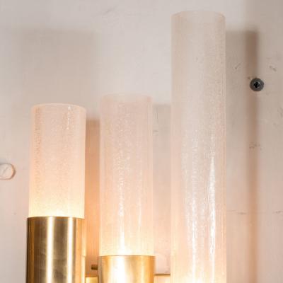 Pair of Modernist Pulegoso Sconces with Handblown Murano Shades Brushed Brass