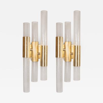 Pair of Modernist Pulegoso Sconces with Handblown Murano Shades Brushed Brass