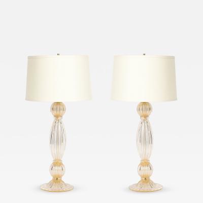 Pair of Modernist Reeded Translucent Glass Table Lamps with 24 karat Gold Flecks