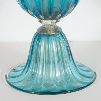 Pair of Modernist Ribbed and Banded Turquoise Table Lamps with 24kt Gold Flecks
