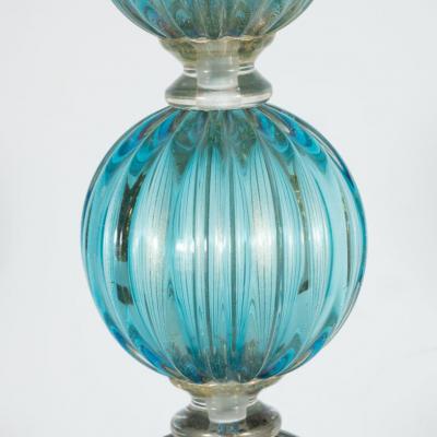 Pair of Modernist Ribbed and Banded Turquoise Table Lamps with 24kt Gold Flecks