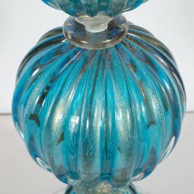Pair of Modernist Ribbed and Banded Turquoise Table Lamps with 24kt Gold Flecks