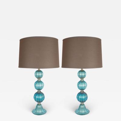 Pair of Modernist Ribbed and Banded Turquoise Table Lamps with 24kt Gold Flecks