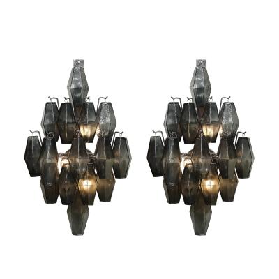 Pair of Modernist Smoked Gray Murano Glass Diamond Form Polyhedral Wall Sconces