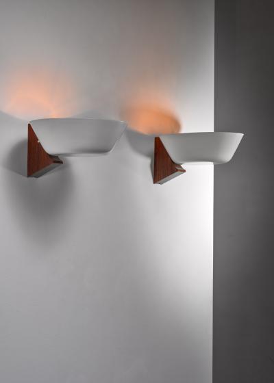 Pair of Modernist wood and metal wall lamps