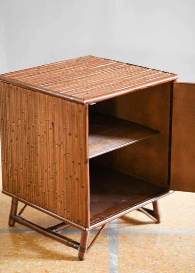 Pair of Molto Bamboo Bedside Tables with Doors and Leather Bindings Set of 2