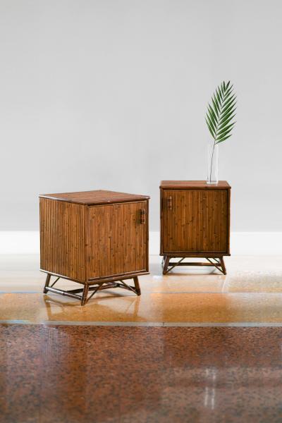 Pair of Molto Bamboo Bedside Tables with Doors and Leather Bindings Set of 2
