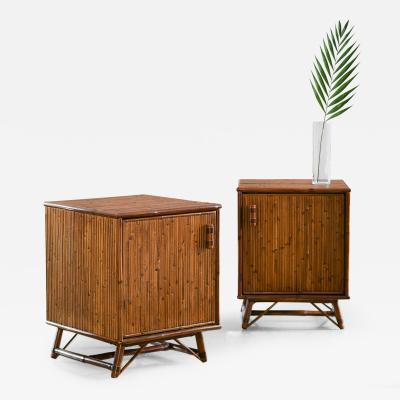 Pair of Molto Bamboo Bedside Tables with Doors and Leather Bindings Set of 2