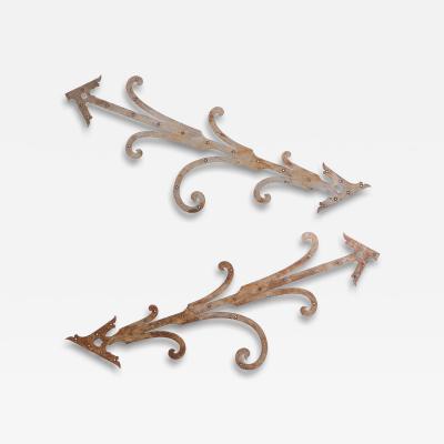 Pair of Monumental French Iron Strap Hinges Scroll and Arrow Form C 1890 
