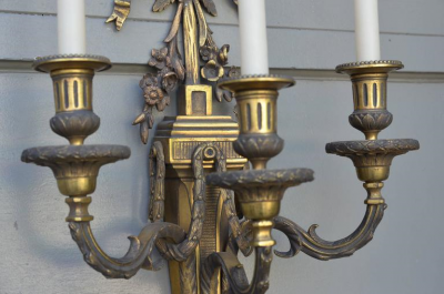 Pair of Monumental Gilt Bronze Louis XVI Style Sconces