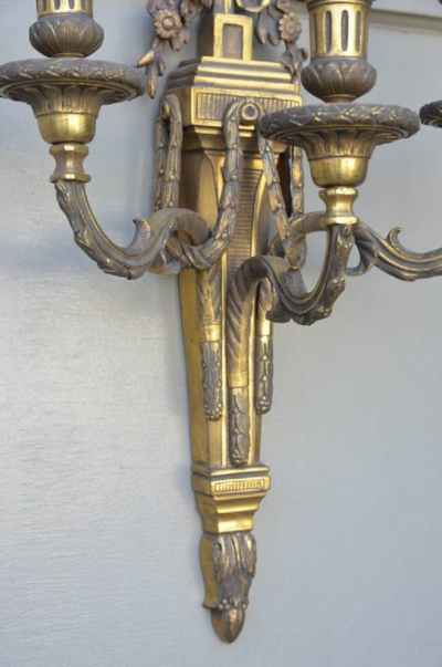 Pair of Monumental Gilt Bronze Louis XVI Style Sconces