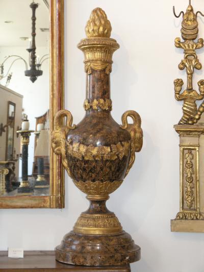 Pair of Monumental Giltwood and Faux Marble Urns