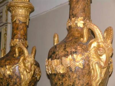 Pair of Monumental Giltwood and Faux Marble Urns