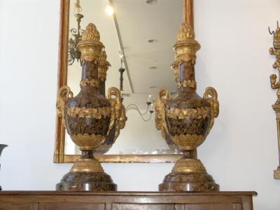 Pair of Monumental Giltwood and Faux Marble Urns