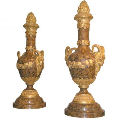 Pair of Monumental Giltwood and Faux Marble Urns