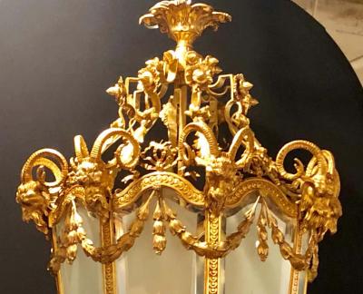 Pair of Monumental Louis XVI Style Dor Bronze Large Rams Head Lanterns