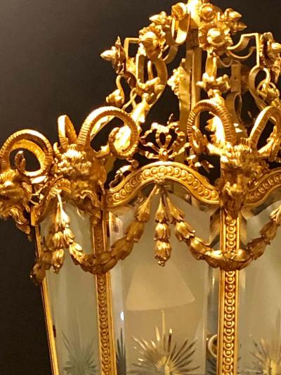 Pair of Monumental Louis XVI Style Dor Bronze Large Rams Head Lanterns