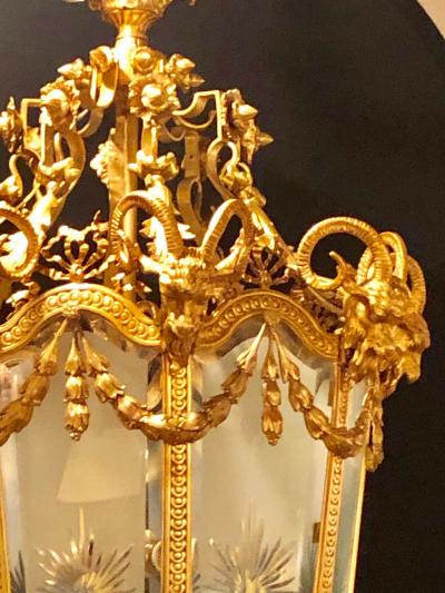 Pair of Monumental Louis XVI Style Dor Bronze Large Rams Head Lanterns