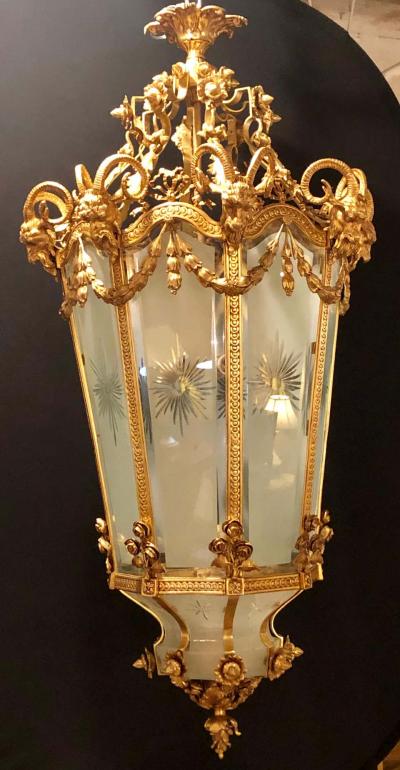 Pair of Monumental Louis XVI Style Dor Bronze Large Rams Head Lanterns