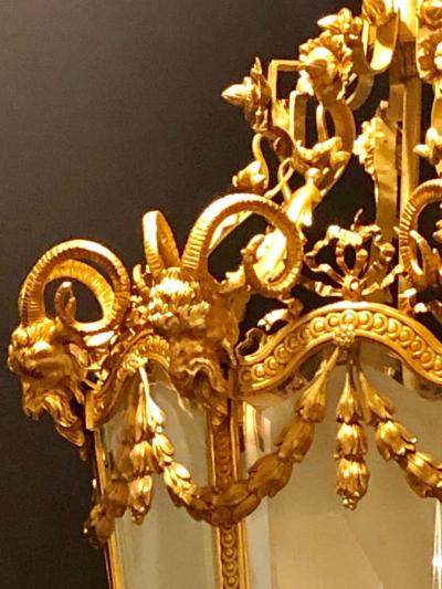 Pair of Monumental Louis XVI Style Dor Bronze Large Rams Head Lanterns