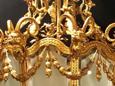 Pair of Monumental Louis XVI Style Dor Bronze Large Rams Head Lanterns
