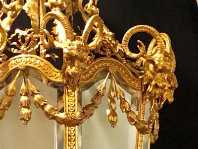 Pair of Monumental Louis XVI Style Dor Bronze Large Rams Head Lanterns