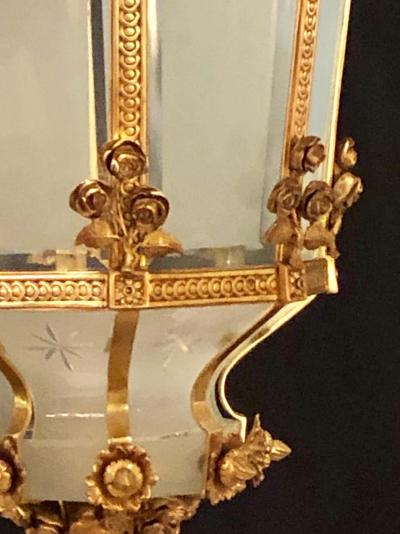 Pair of Monumental Louis XVI Style Dor Bronze Large Rams Head Lanterns