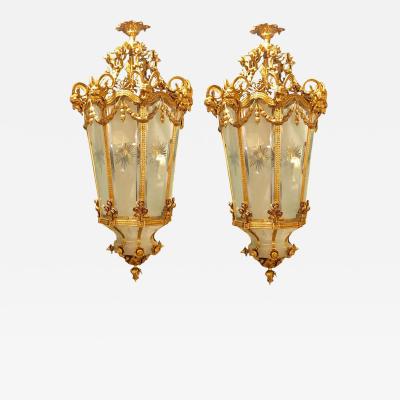 Pair of Monumental Louis XVI Style Dor Bronze Large Rams Head Lanterns