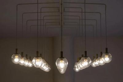Pair of Monumental Mid Century Chandeliers in Glass Metal and Patinated Brass
