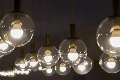 Pair of Monumental Mid Century Chandeliers in Glass Metal and Patinated Brass