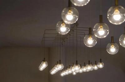Pair of Monumental Mid Century Chandeliers in Glass Metal and Patinated Brass