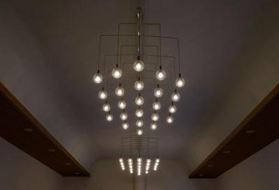 Pair of Monumental Mid Century Chandeliers in Glass Metal and Patinated Brass