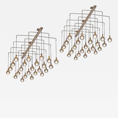 Pair of Monumental Mid Century Chandeliers in Glass Metal and Patinated Brass